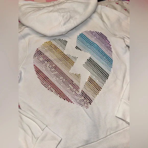 VS PINK VINTAGE Y2K FULL ZIP HOODIE WHITE RAINBOW BLING LOVE BROKEN HEART RARE M - Picture 3 of 11